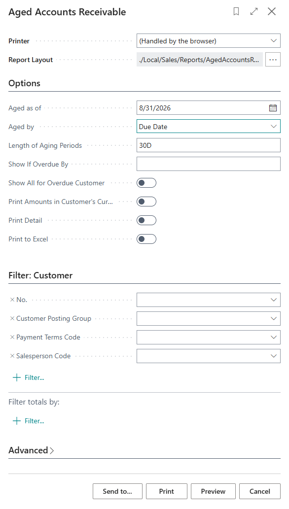 Aged Accounts Receivable request page in Business Central, showing the Aged as of date field set to a past period-end date