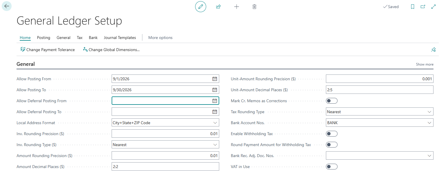 General Ledger Setup in Business Central, showing Allow Posting From and Allow Posting To set to the current open period