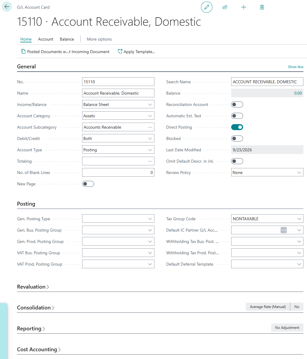 G/L Account Card for a receivables control account in Business Central, with Direct Posting toggled on